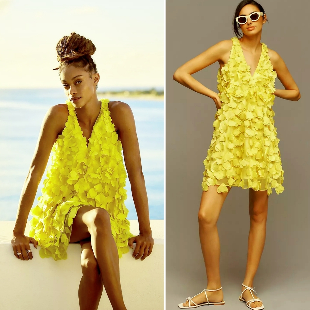 Anthropologie Yellow Petal-Embellished V-Neck Mini Dress NWT